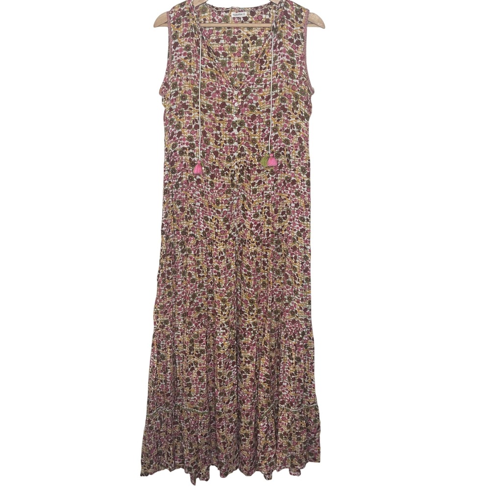 Poupette St‎ Barth Floral Tiered Maxi Dress Sleeveless Tassel Pink Yellow Boho